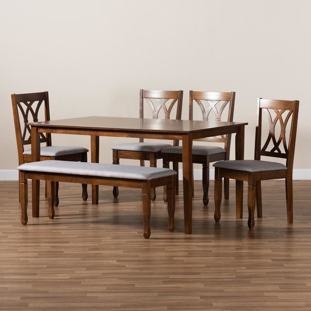 Grey Fabric Upholstered and Walnut Brown Finished Wood 6-Piece Dining Set