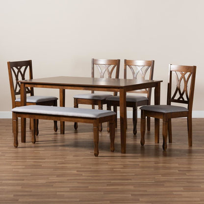 Grey Fabric Upholstered and Walnut Brown Finished Wood 6-Piece Dining Set