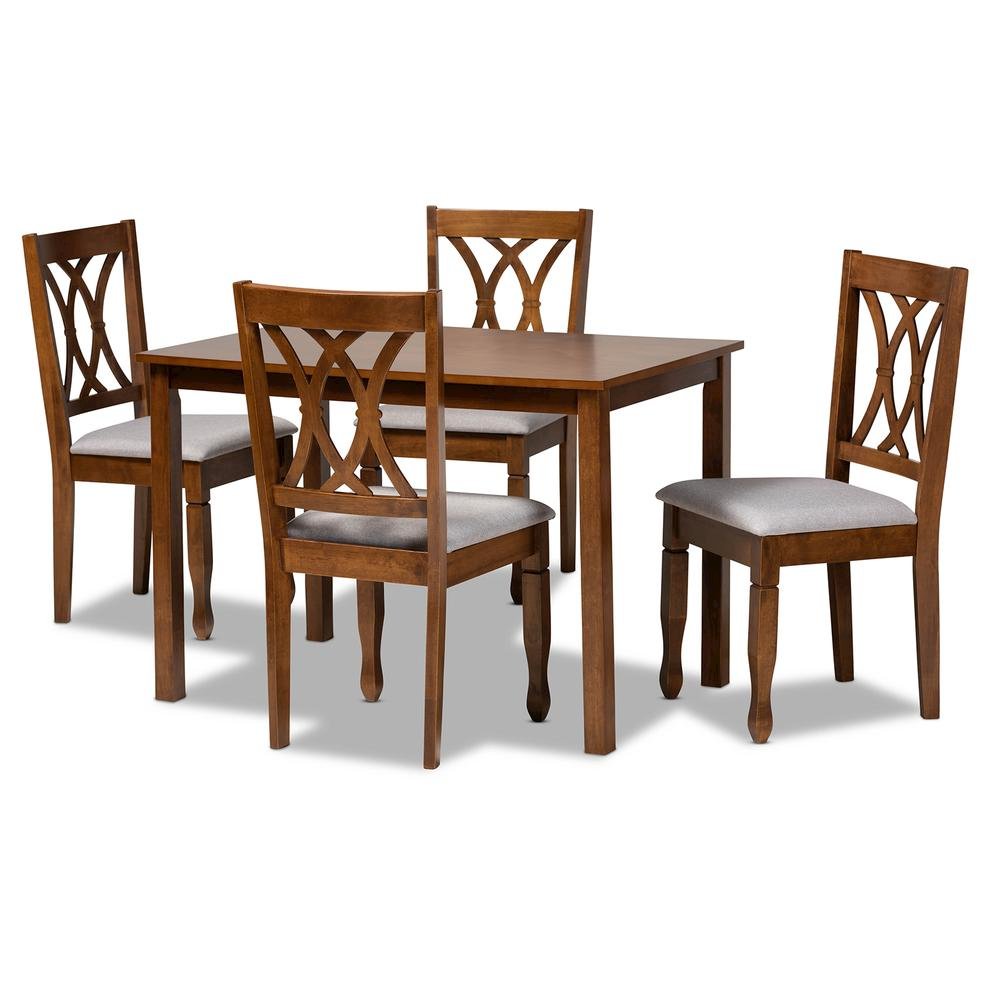 Grey Fabric Upholstered and Walnut Brown Finished Wood 5-Piece Dining Set