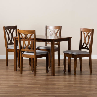 Grey Fabric Upholstered and Walnut Brown Finished Wood 5-Piece Dining Set