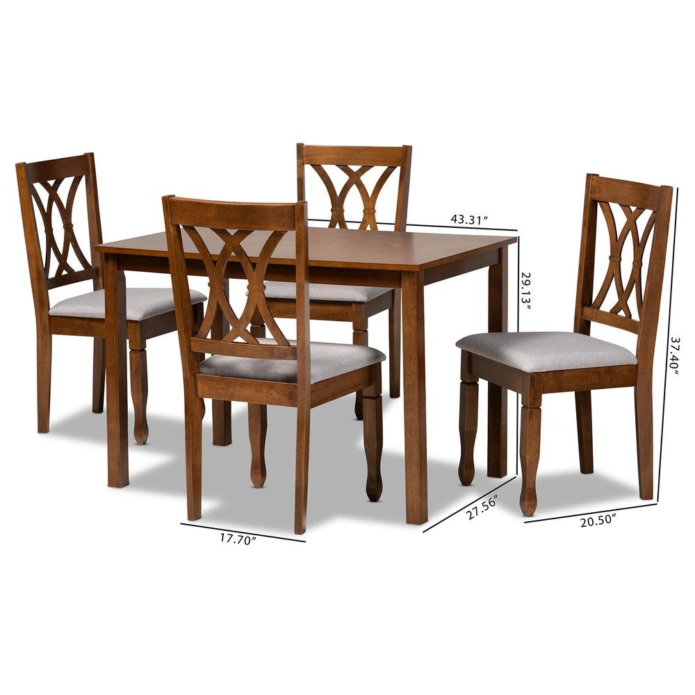 Grey Fabric Upholstered and Walnut Brown Finished Wood 5-Piece Dining Set