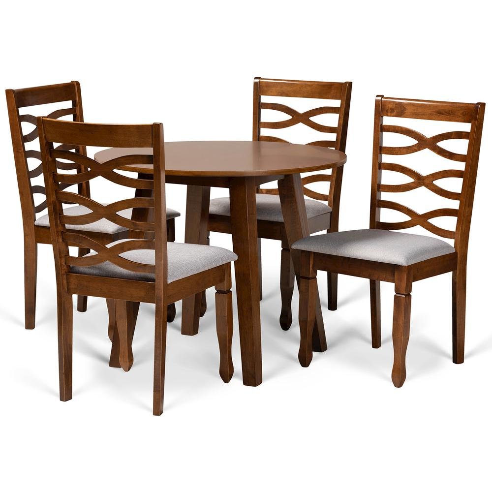 Grey Fabric Upholstered and Walnut Brown Finished Wood 5-Piece Dining Set