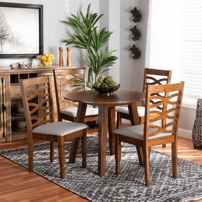 Grey Fabric Upholstered and Walnut Brown Finished Wood 5-Piece Dining Set