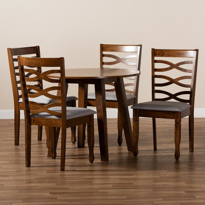 Grey Fabric Upholstered and Walnut Brown Finished Wood 5-Piece Dining Set