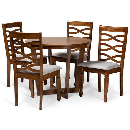 Grey Fabric Upholstered and Walnut Brown Finished Wood 5-Piece Dining Set