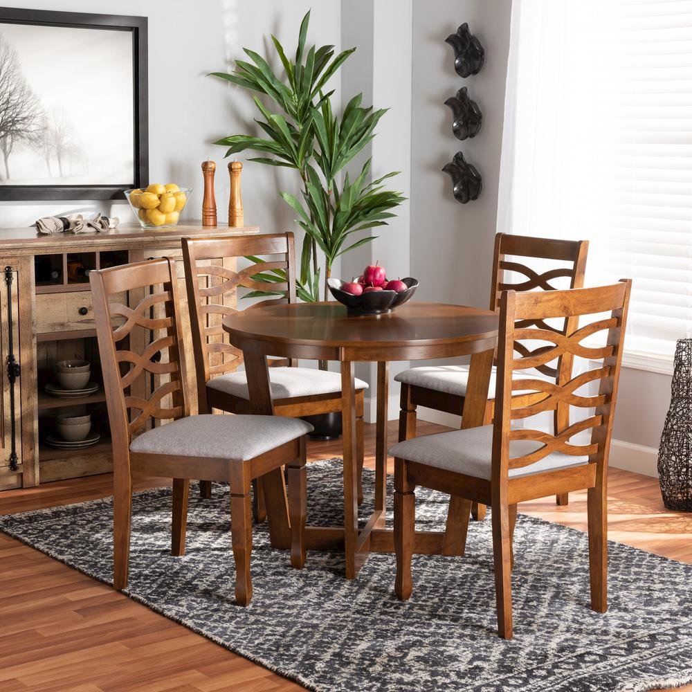 Grey Fabric Upholstered and Walnut Brown Finished Wood 5-Piece Dining Set