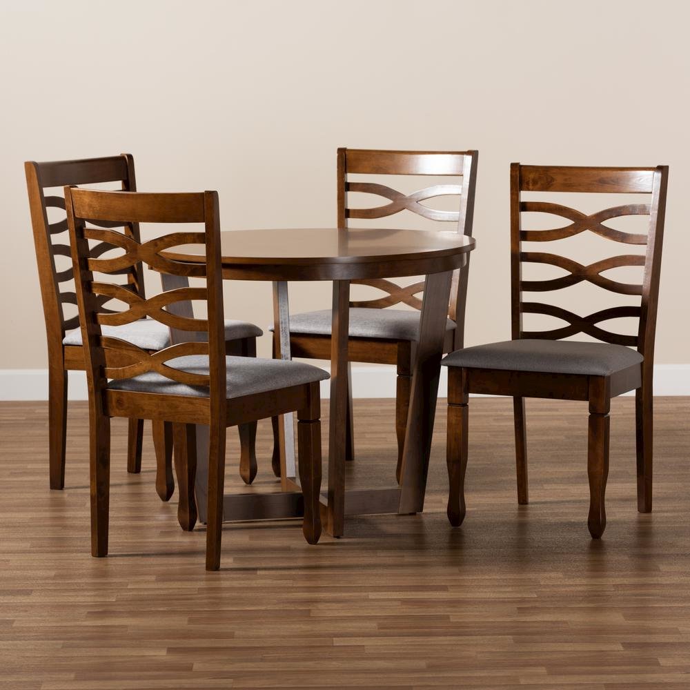 Grey Fabric Upholstered and Walnut Brown Finished Wood 5-Piece Dining Set