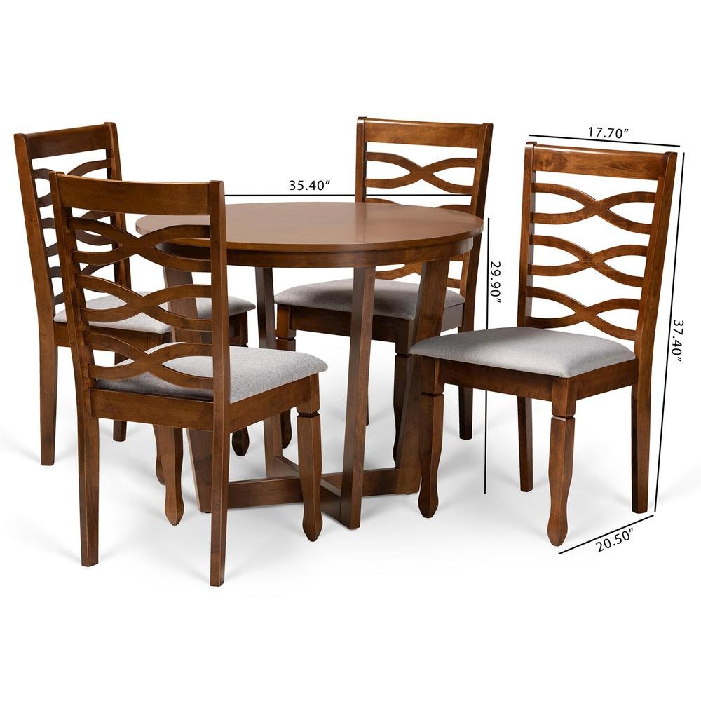 Grey Fabric Upholstered and Walnut Brown Finished Wood 5-Piece Dining Set