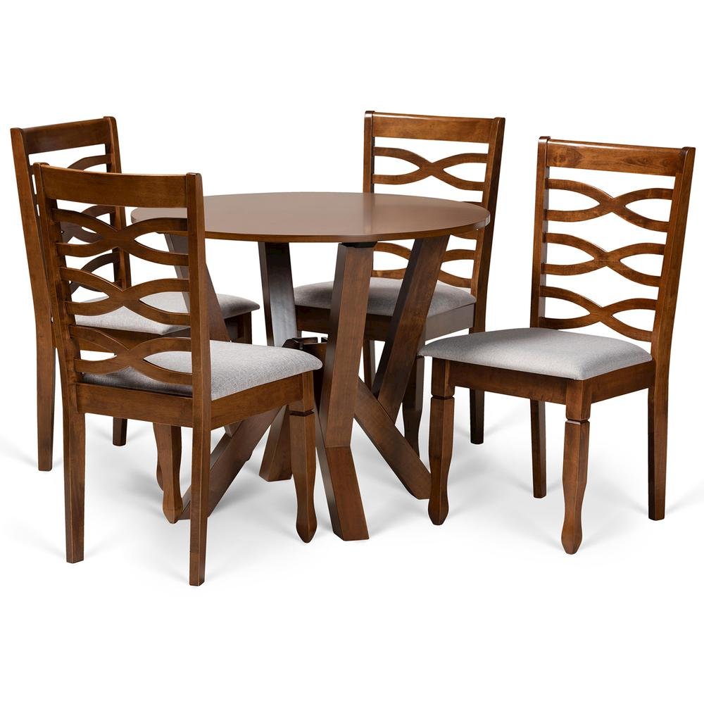 Grey Fabric Upholstered and Walnut Brown Finished Wood 5-Piece Dining Set