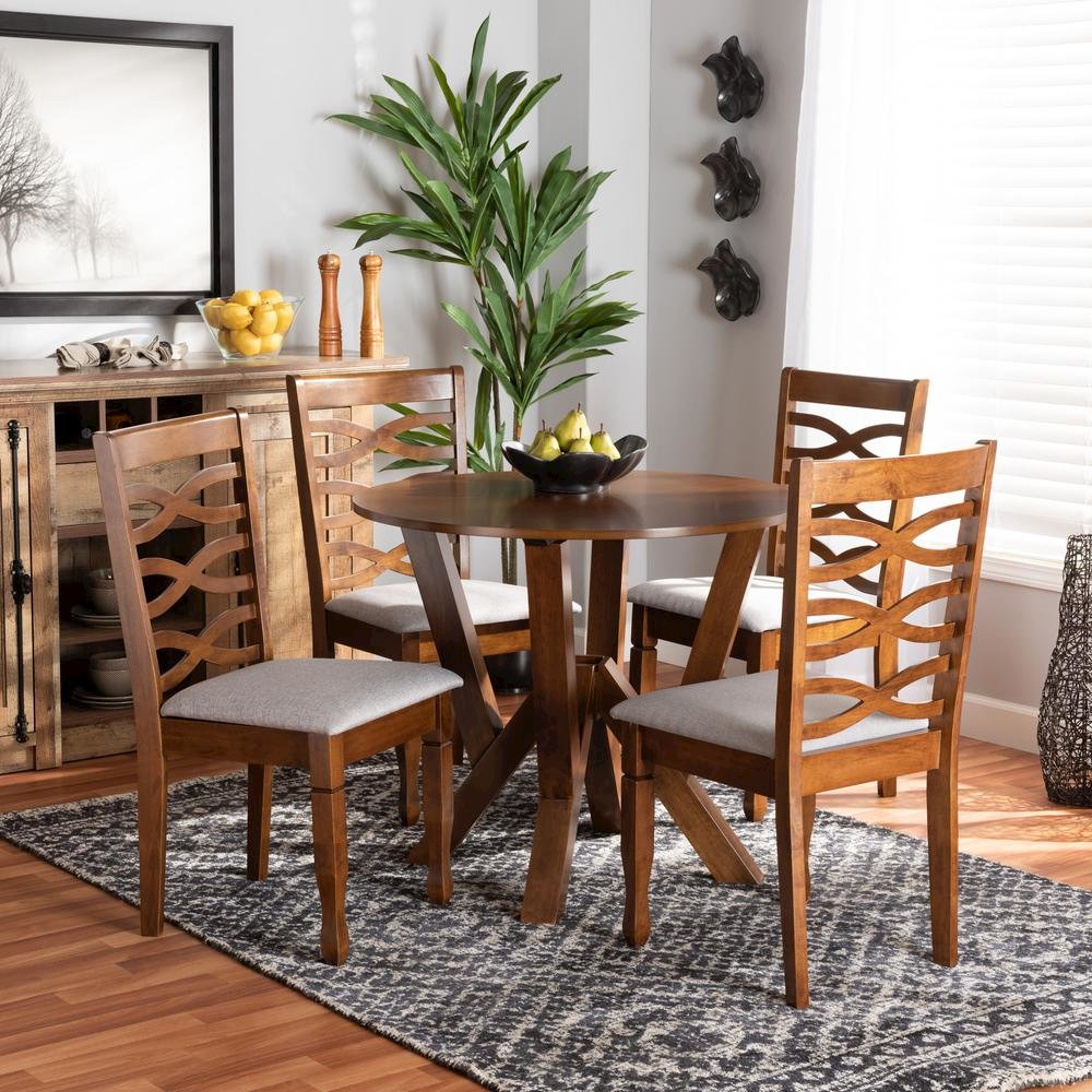 Grey Fabric Upholstered and Walnut Brown Finished Wood 5-Piece Dining Set