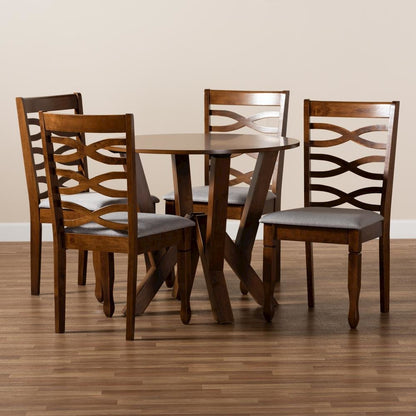 Grey Fabric Upholstered and Walnut Brown Finished Wood 5-Piece Dining Set