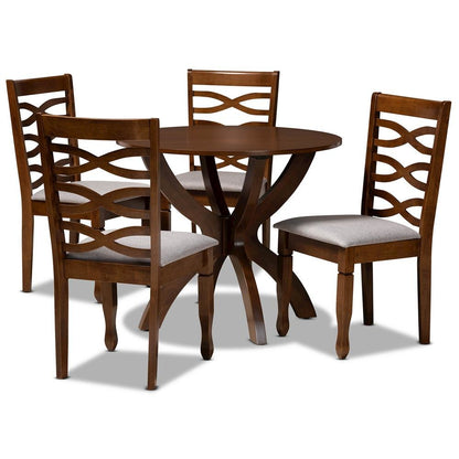 Grey Fabric Upholstered and Walnut Brown Finished Wood 5-Piece Dining Set