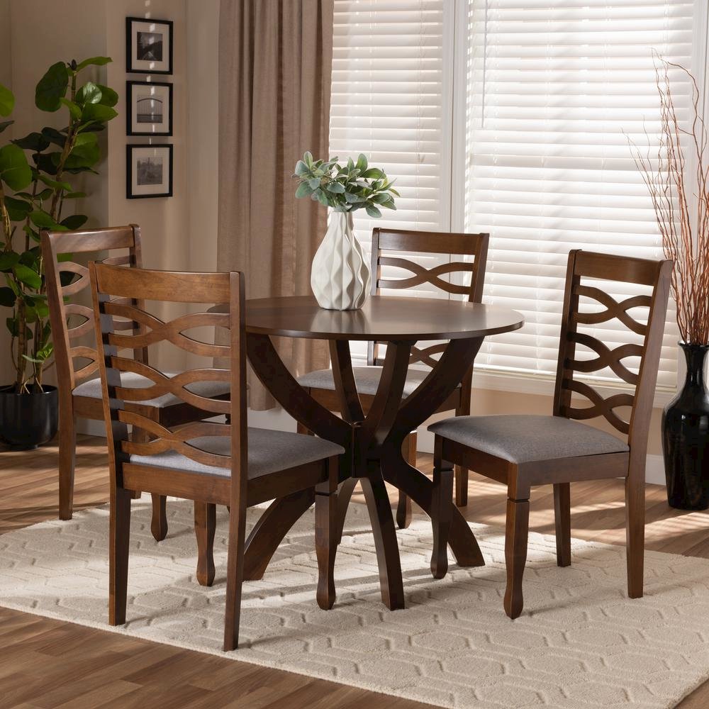Grey Fabric Upholstered and Walnut Brown Finished Wood 5-Piece Dining Set