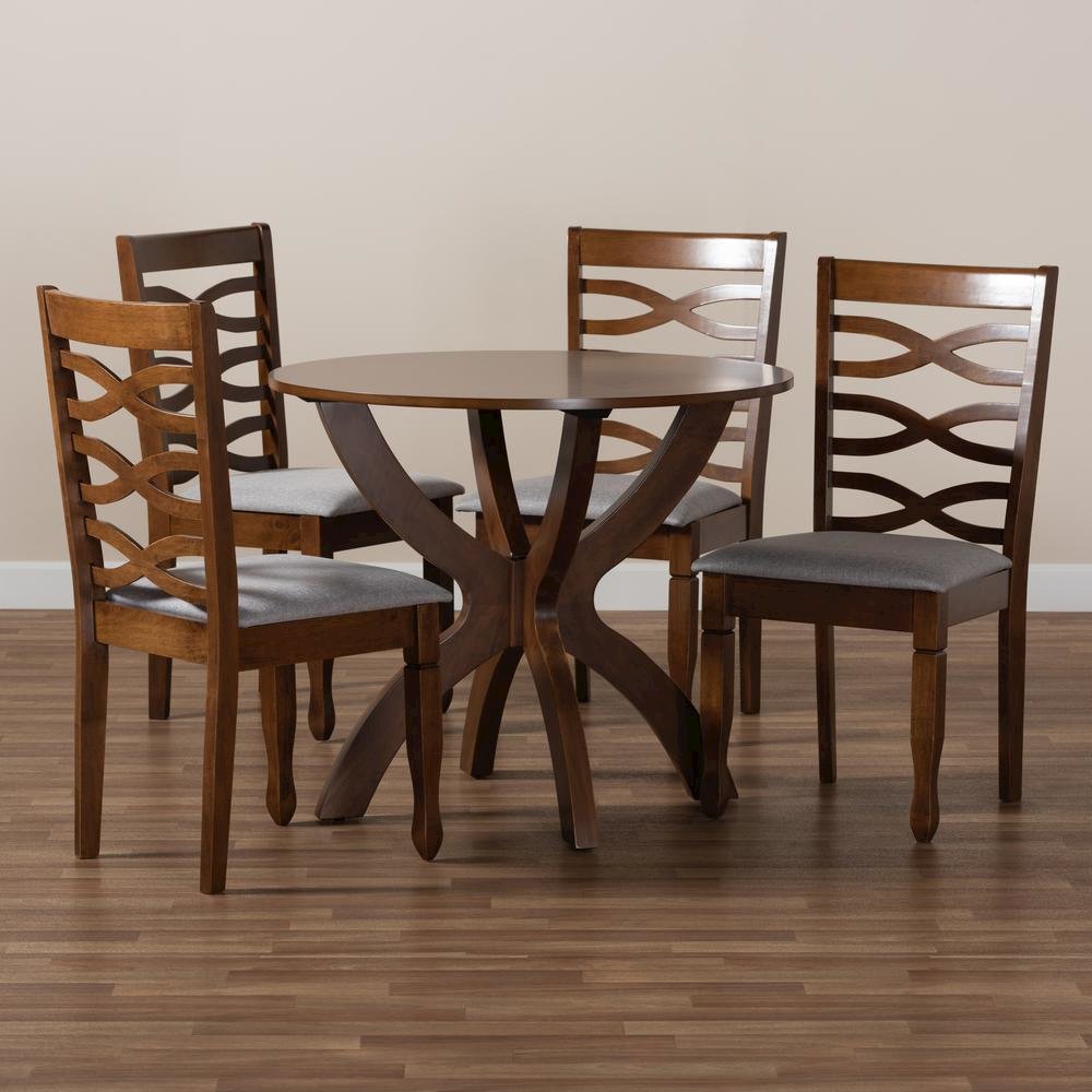 Grey Fabric Upholstered and Walnut Brown Finished Wood 5-Piece Dining Set