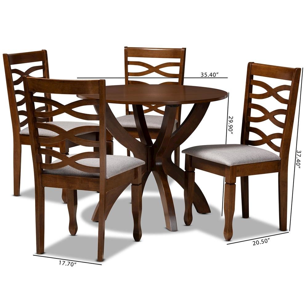 Grey Fabric Upholstered and Walnut Brown Finished Wood 5-Piece Dining Set