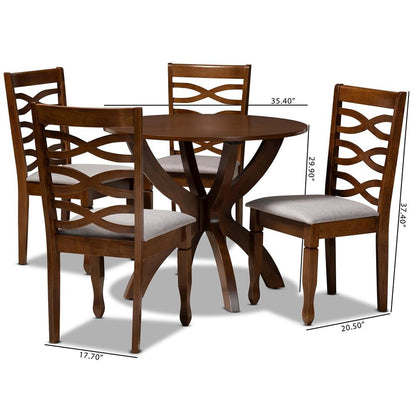 Grey Fabric Upholstered and Walnut Brown Finished Wood 5-Piece Dining Set