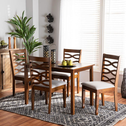 Grey Fabric Upholstered and Walnut Brown Finished Wood 5-Piece Dining Set