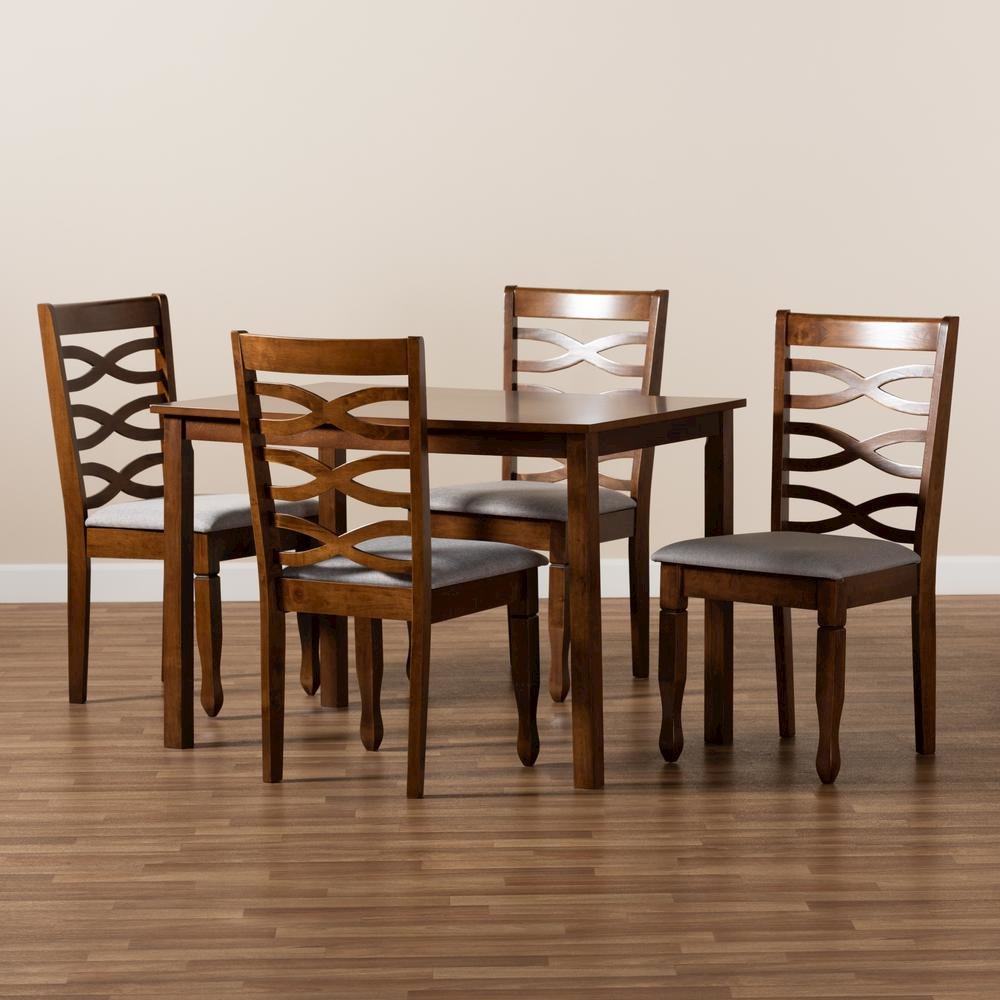 Grey Fabric Upholstered and Walnut Brown Finished Wood 5-Piece Dining Set