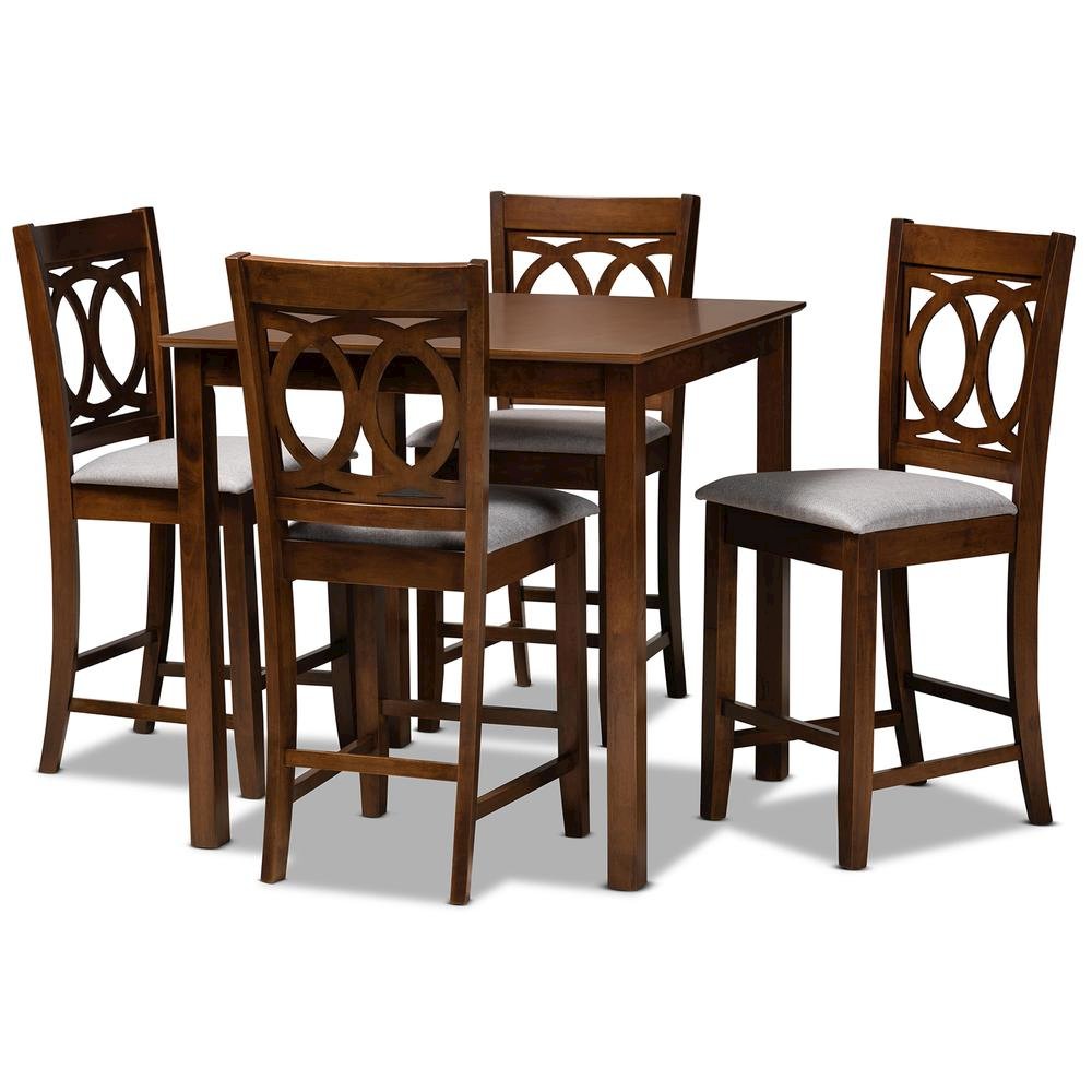 Grey Fabric Upholstered Walnut Brown Finished 5-Piece Wood Pub Set