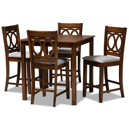 Grey Fabric Upholstered Walnut Brown Finished 5-Piece Wood Pub Set