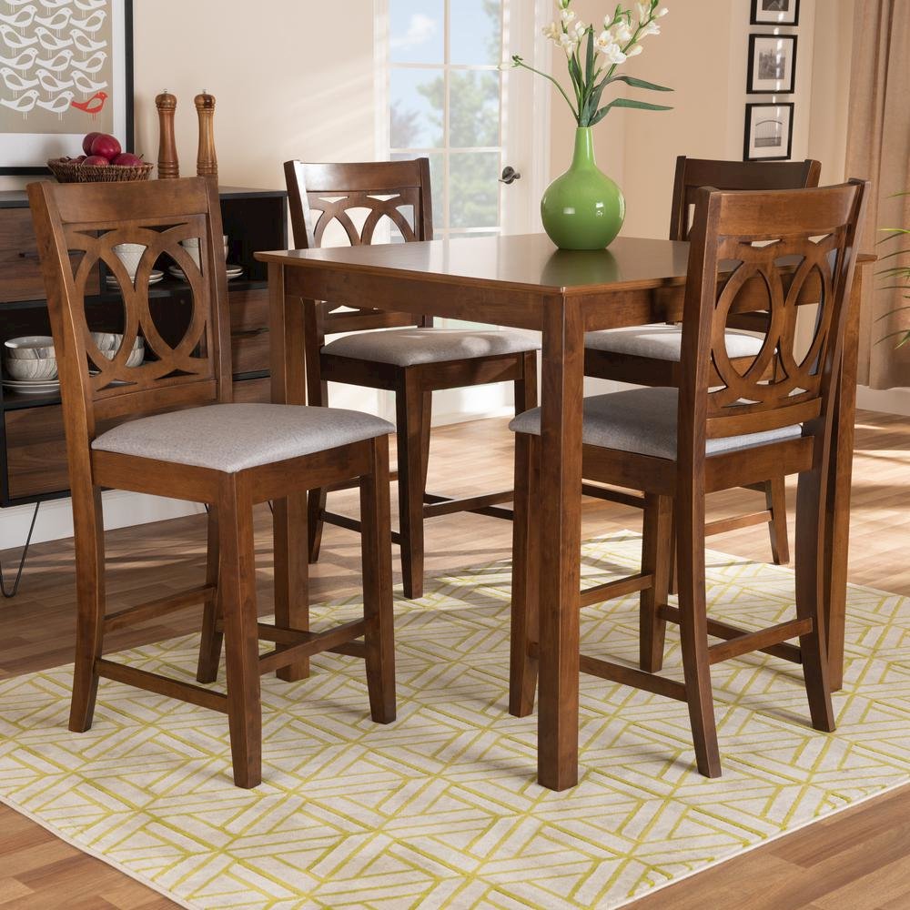 Grey Fabric Upholstered Walnut Brown Finished 5-Piece Wood Pub Set
