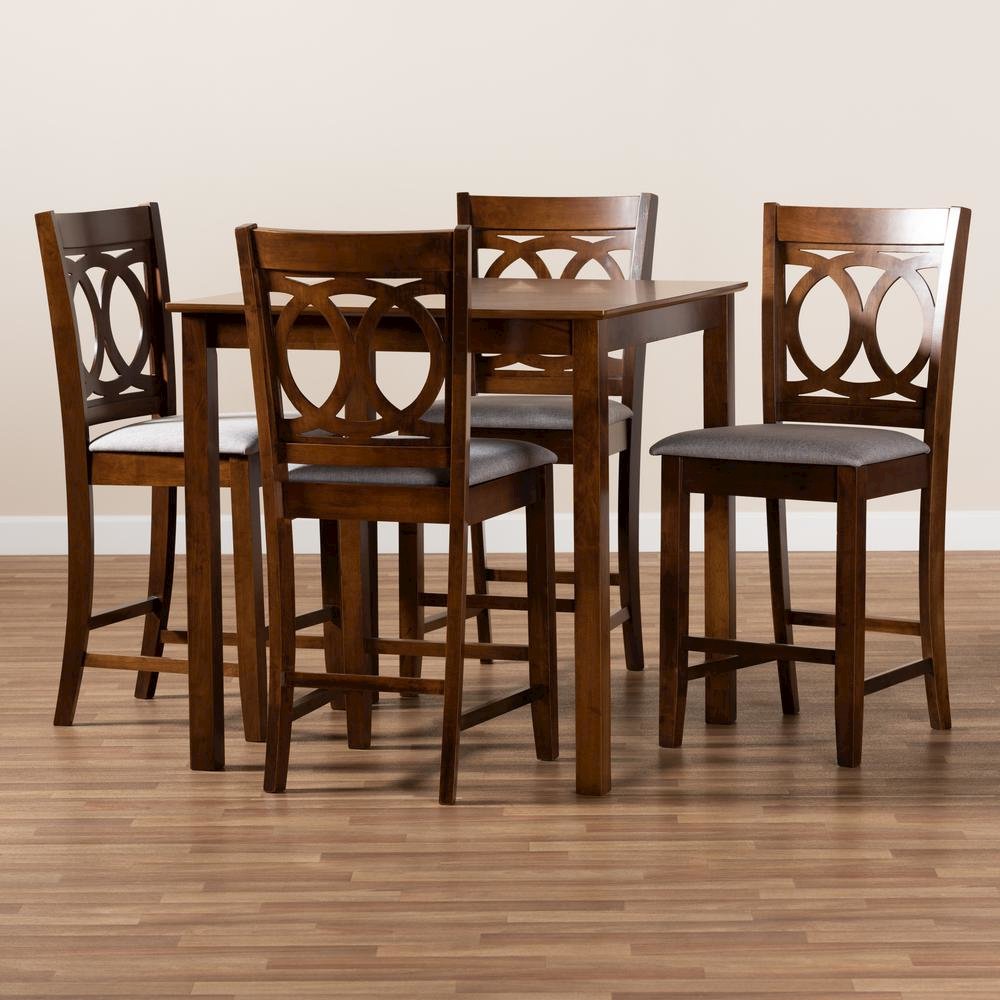 Grey Fabric Upholstered Walnut Brown Finished 5-Piece Wood Pub Set