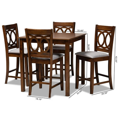 Grey Fabric Upholstered Walnut Brown Finished 5-Piece Wood Pub Set