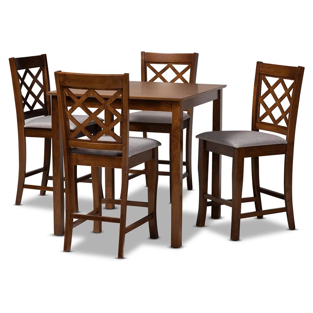 Grey Fabric Upholstered Walnut Brown Finished 5-Piece Wood Pub Set