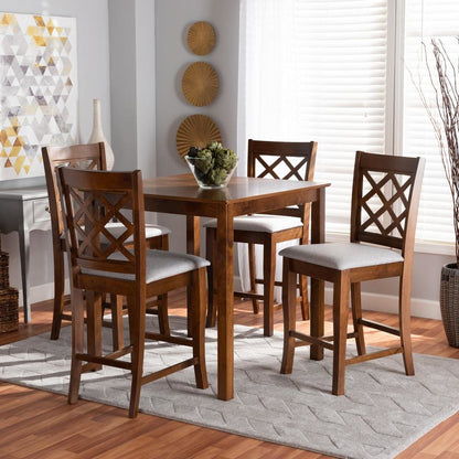 Grey Fabric Upholstered Walnut Brown Finished 5-Piece Wood Pub Set