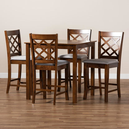 Grey Fabric Upholstered Walnut Brown Finished 5-Piece Wood Pub Set