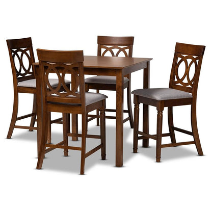 Grey Fabric Upholstered Walnut Brown Finished 5-Piece Wood Pub Set