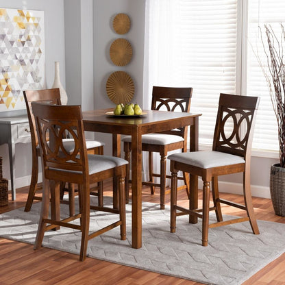 Grey Fabric Upholstered Walnut Brown Finished 5-Piece Wood Pub Set