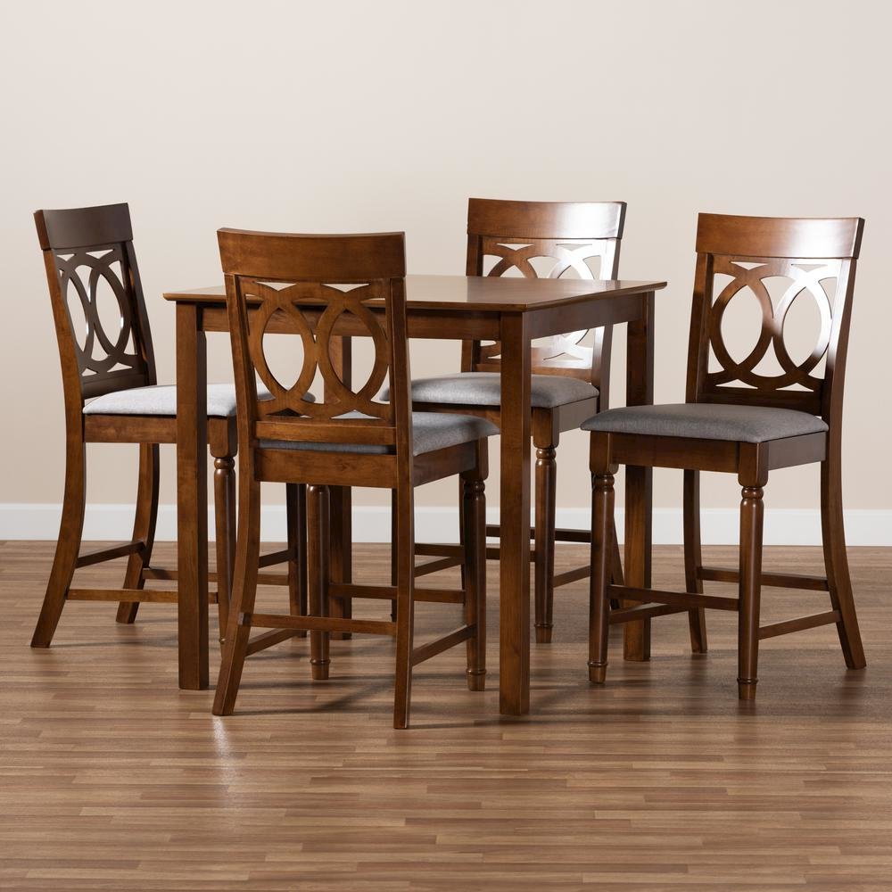 Grey Fabric Upholstered Walnut Brown Finished 5-Piece Wood Pub Set