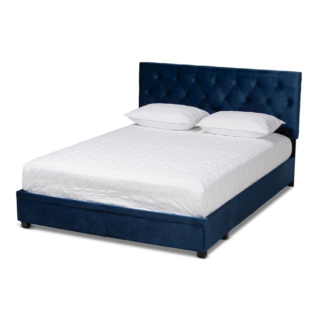 Navy Blue Velvet Fabric Upholstered 2-Drawer Queen Size Platform Storage Bed