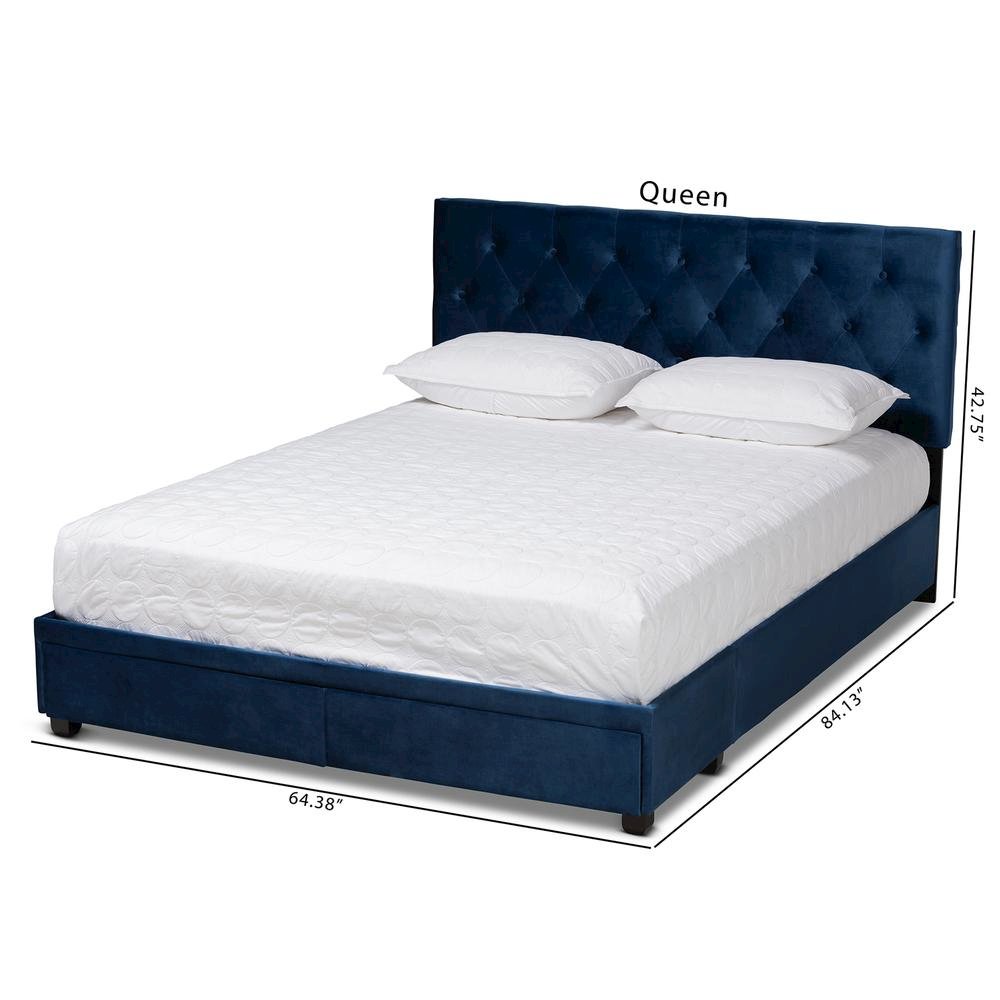 Navy Blue Velvet Fabric Upholstered 2-Drawer Queen Size Platform Storage Bed