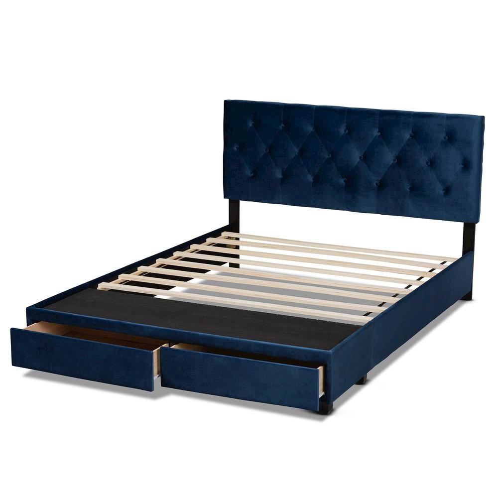 Navy Blue Velvet Fabric Upholstered 2-Drawer Queen Size Platform Storage Bed