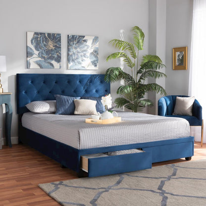 Navy Blue Velvet Fabric Upholstered 2-Drawer Queen Size Platform Storage Bed