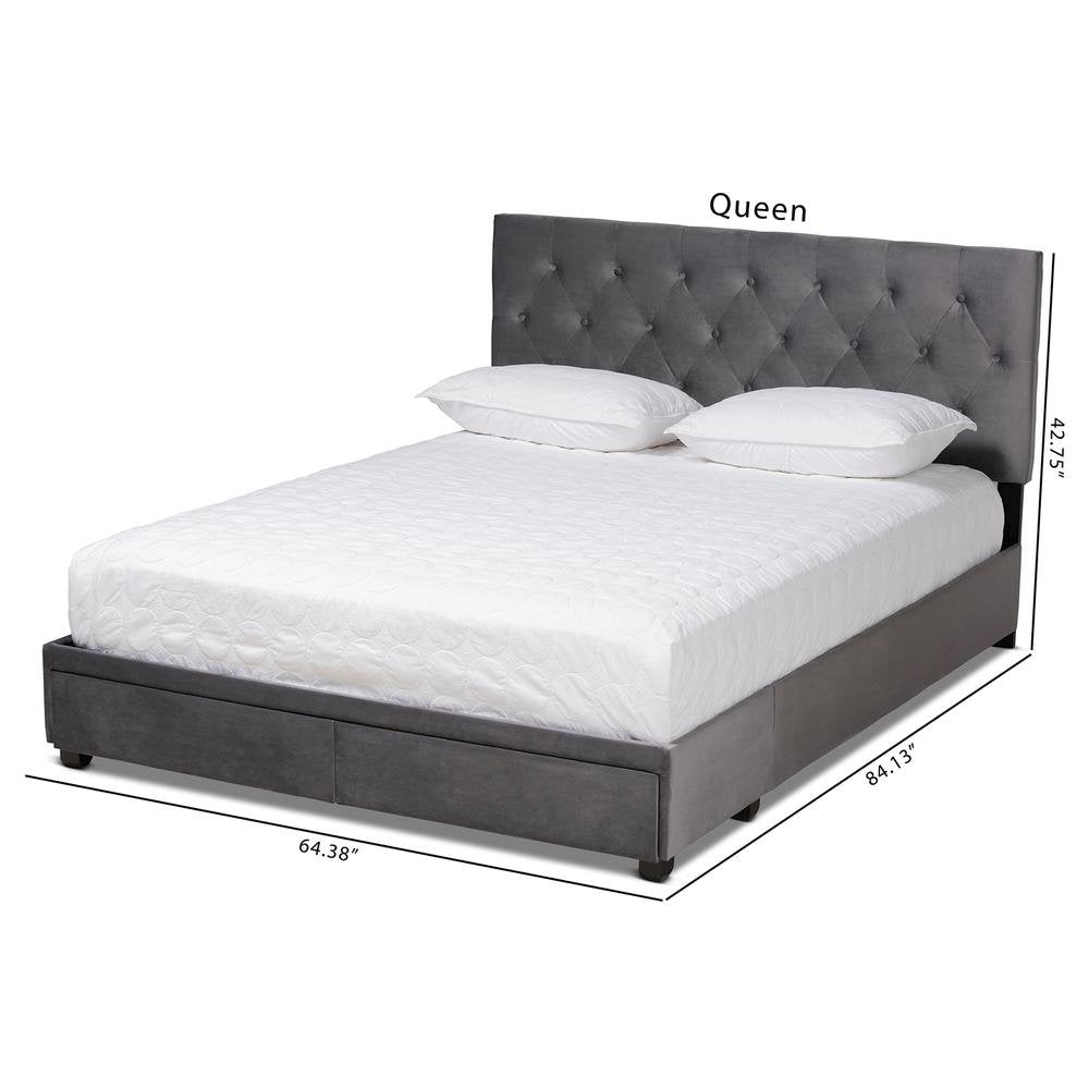Grey Velvet Fabric Upholstered 2-Drawer Queen Size Platform Storage Bed