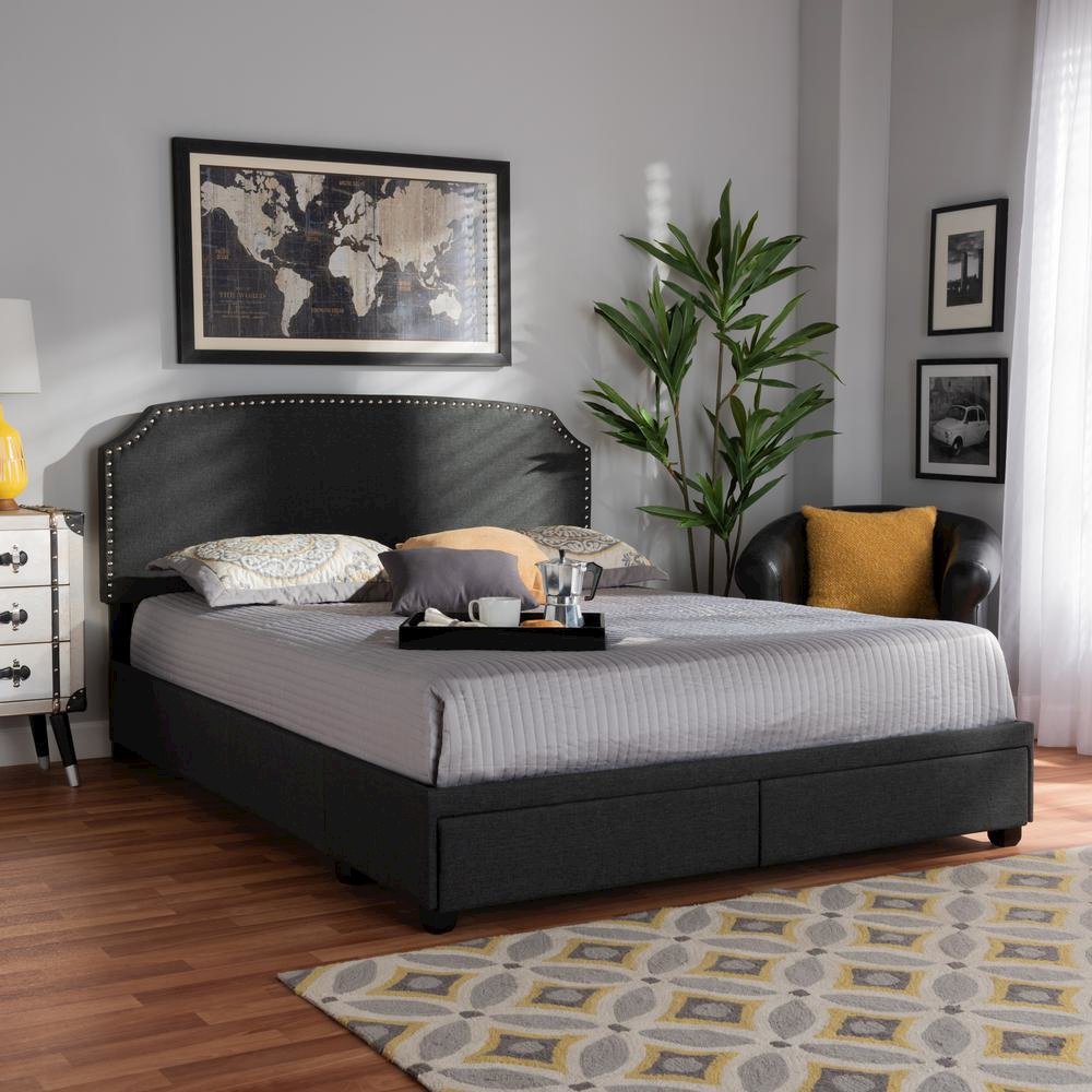 Larese Dark Grey Fabric Upholstered 2-Drawer Queen Size Platform Storage Bed