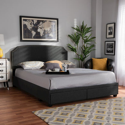 Larese Dark Grey Fabric Upholstered 2-Drawer Queen Size Platform Storage Bed