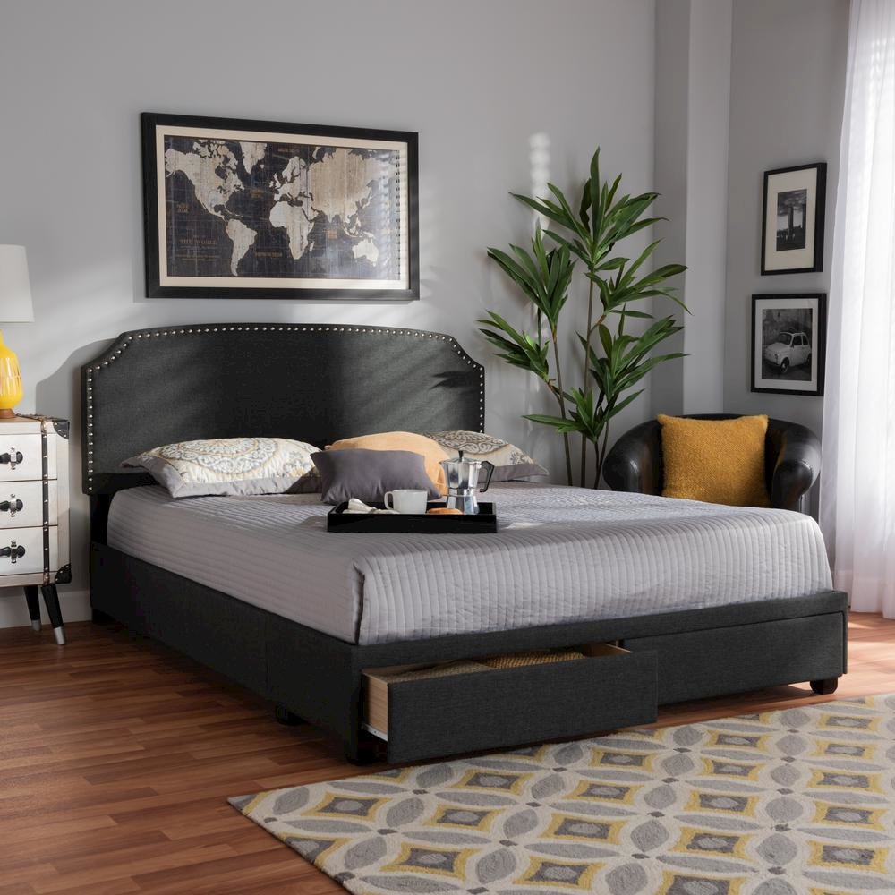 Larese Dark Grey Fabric Upholstered 2-Drawer Queen Size Platform Storage Bed