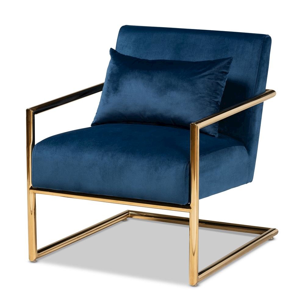 Luxe Navy Blue Velvet Fabric Upholstered Gold Finished Metal Lounge Chair