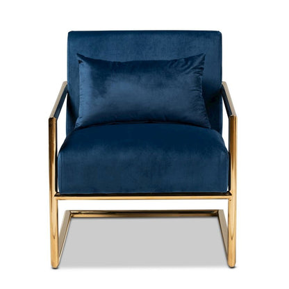 Luxe Navy Blue Velvet Fabric Upholstered Gold Finished Metal Lounge Chair