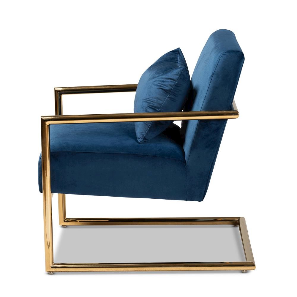 Luxe Navy Blue Velvet Fabric Upholstered Gold Finished Metal Lounge Chair