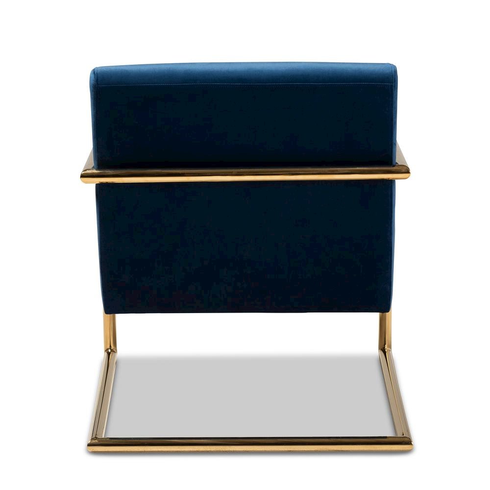 Luxe Navy Blue Velvet Fabric Upholstered Gold Finished Metal Lounge Chair