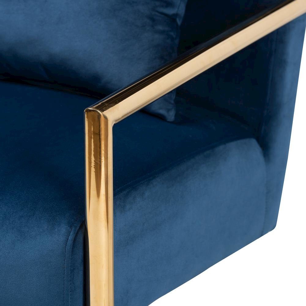 Luxe Navy Blue Velvet Fabric Upholstered Gold Finished Metal Lounge Chair