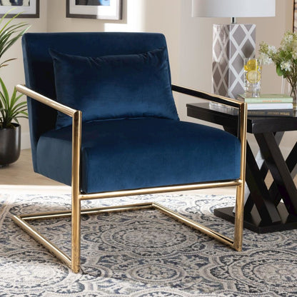 Luxe Navy Blue Velvet Fabric Upholstered Gold Finished Metal Lounge Chair