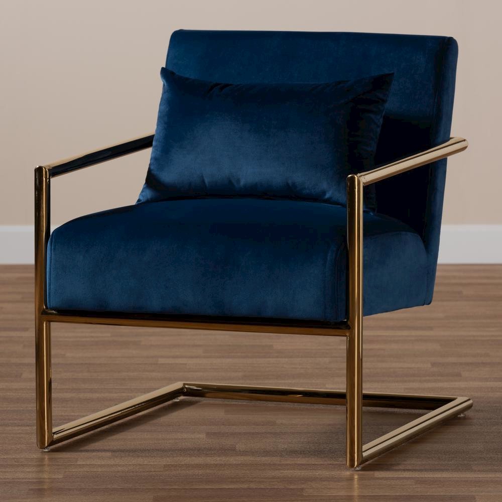 Luxe Navy Blue Velvet Fabric Upholstered Gold Finished Metal Lounge Chair