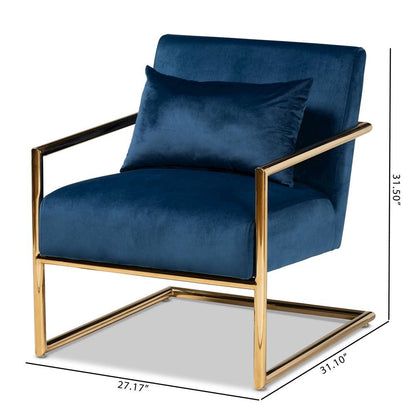 Luxe Navy Blue Velvet Fabric Upholstered Gold Finished Metal Lounge Chair