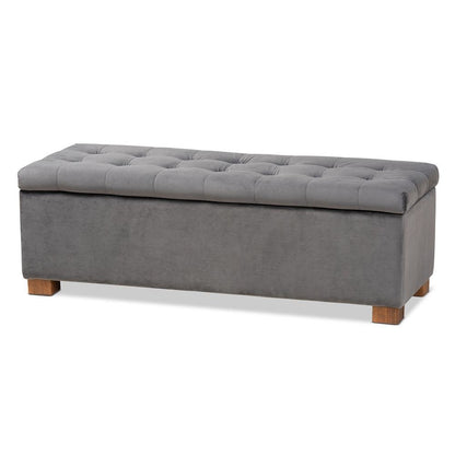 Grey Velvet Fabric Upholstered Grid-Tufted Storage Ottoman Bench